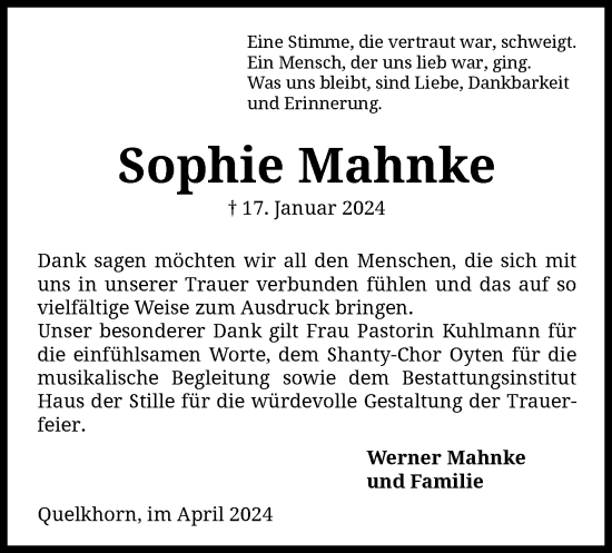 Traueranzeige von Sophie Mahnke von SYK