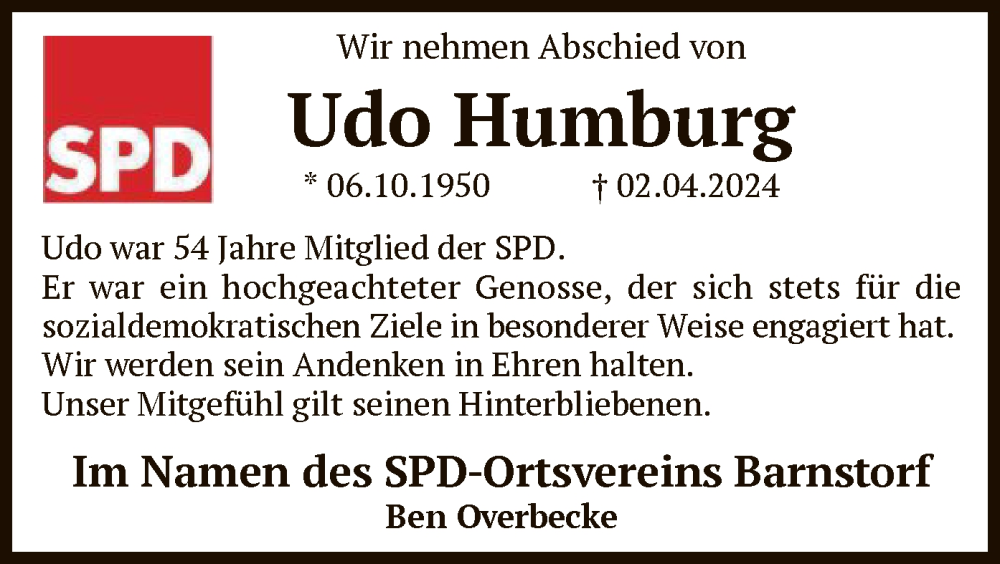  Traueranzeige für Udo Humburg vom 13.04.2024 aus SYK