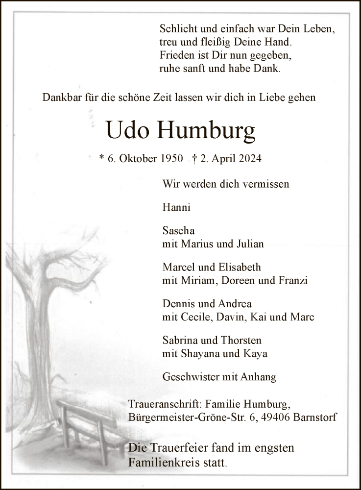  Traueranzeige für Udo Humburg vom 18.04.2024 aus SYK