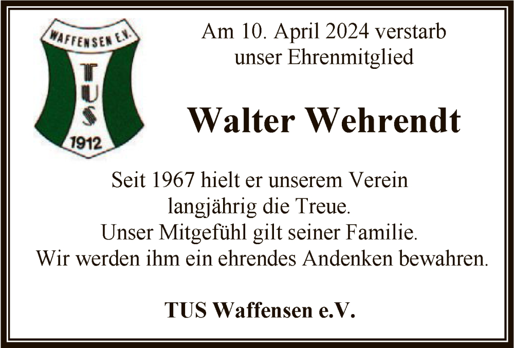  Traueranzeige für Walter Wehrendt vom 13.04.2024 aus SYK