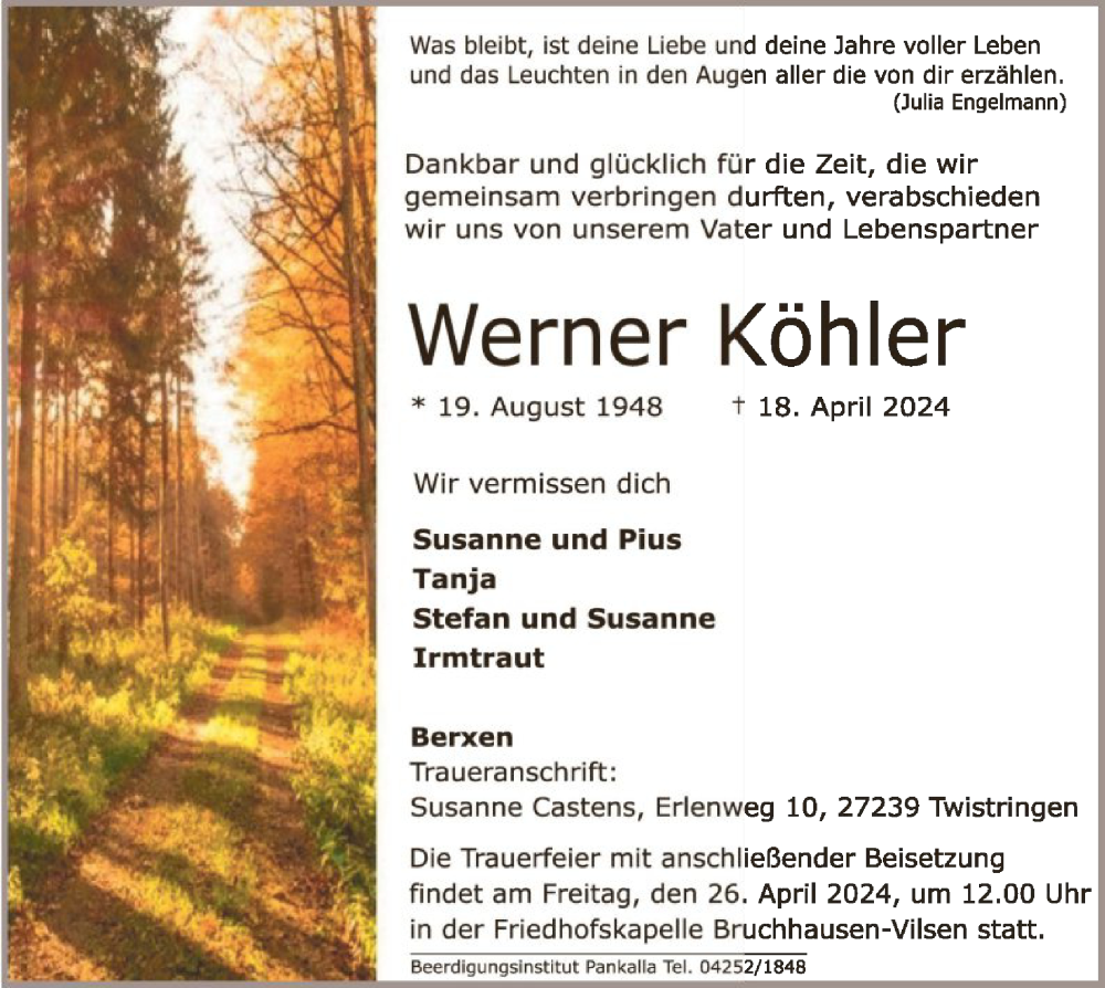  Traueranzeige für Werner Köhler vom 23.04.2024 aus SYK