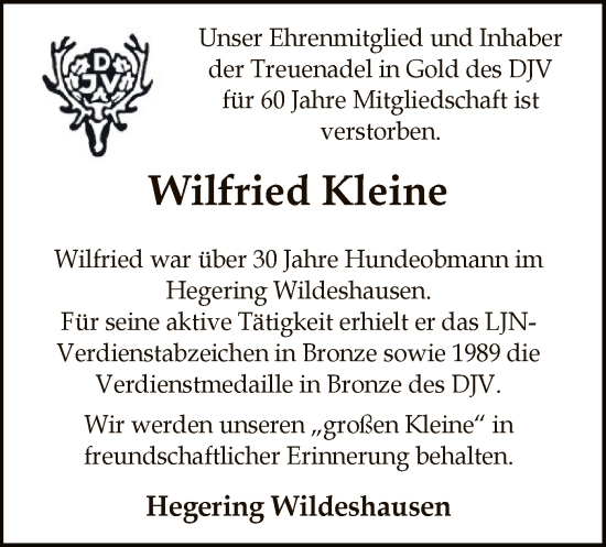 Traueranzeige von Wilfried Kleine von SYK