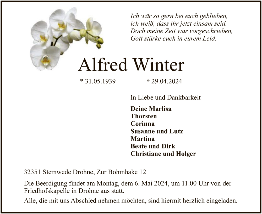  Traueranzeige für Alfred Winter vom 02.05.2024 aus SYK