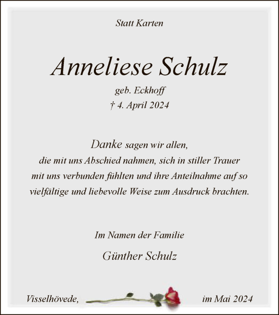 Traueranzeige von Anneliese Schulz von SYK