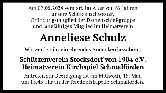 Traueranzeige von Anneliese Schulz von SYK