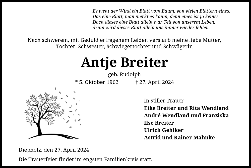  Traueranzeige für Antje Breiter vom 04.05.2024 aus SYK