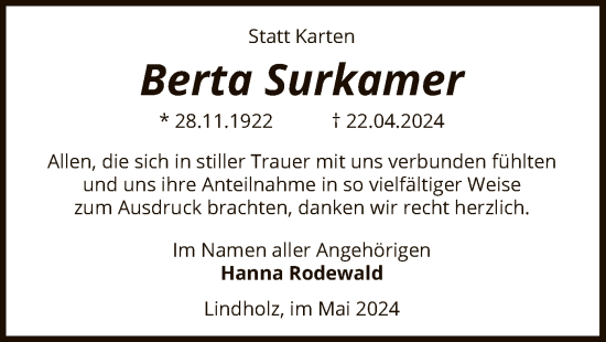 Traueranzeige von Berta Surkamer von SYK