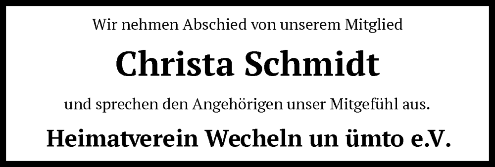  Traueranzeige für Christa Schmidt vom 25.05.2024 aus SYK