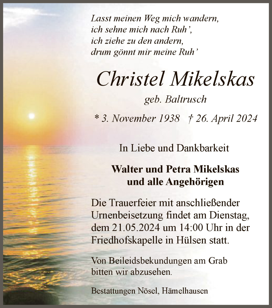  Traueranzeige für Christel Mikelskas vom 18.05.2024 aus SYK