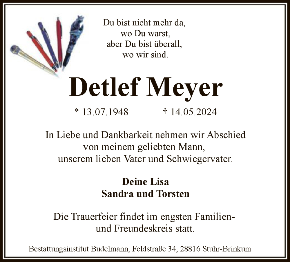  Traueranzeige für Detlef Meyer vom 18.05.2024 aus SYK