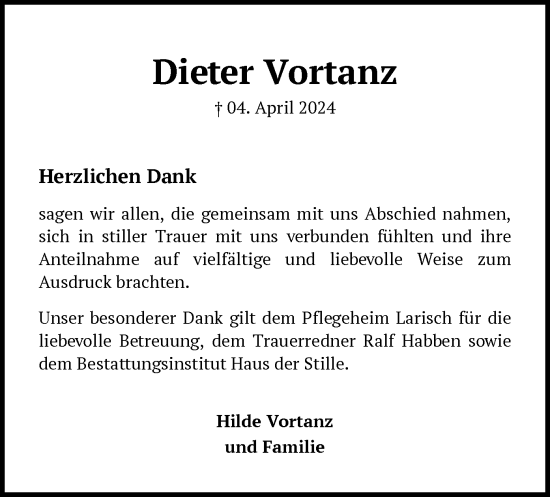 Traueranzeige von Dieter Vortanz von SYK