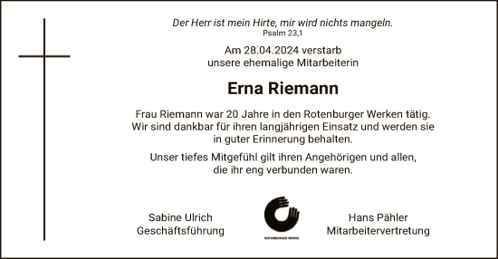 Traueranzeige von Erna Riemann von SYK