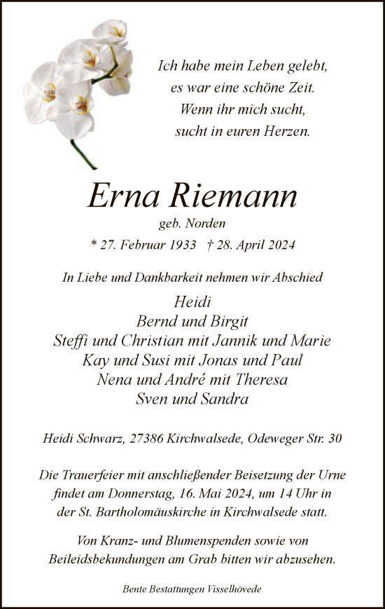 Traueranzeige von Erna Riemann von SYK