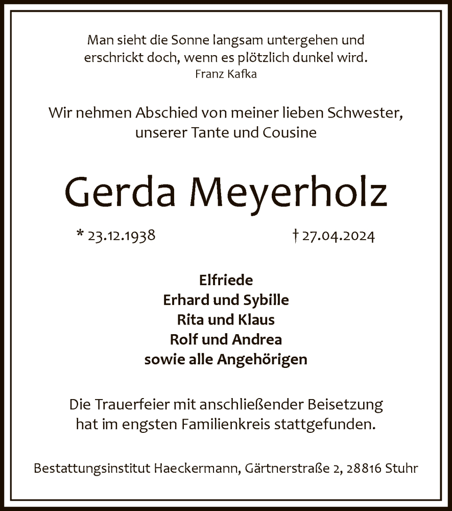  Traueranzeige für Gerda Meyerholz vom 11.05.2024 aus SYK