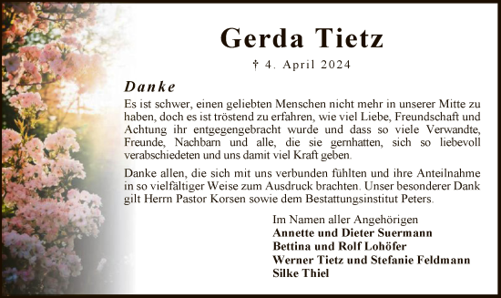 Traueranzeige von Gerda Tietz von SYK