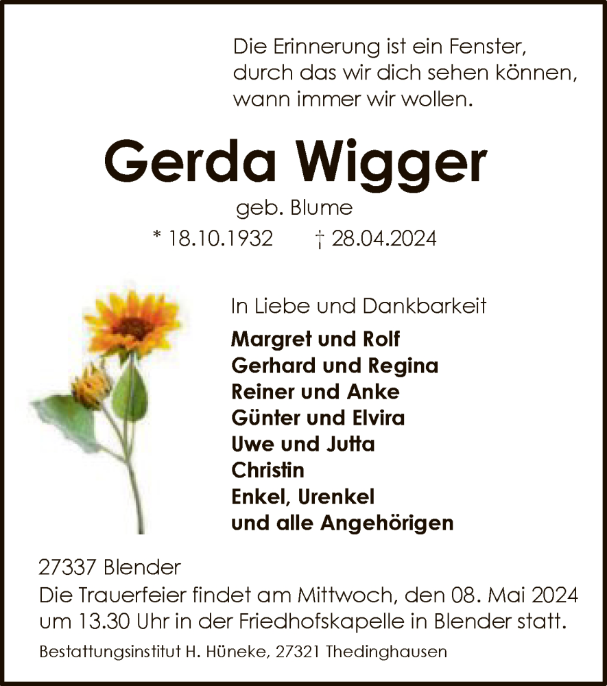  Traueranzeige für Gerda Wigger vom 04.05.2024 aus SYK