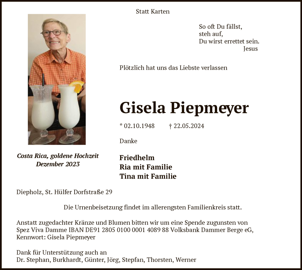  Traueranzeige für Gisela Piepmeyer vom 25.05.2024 aus SYK