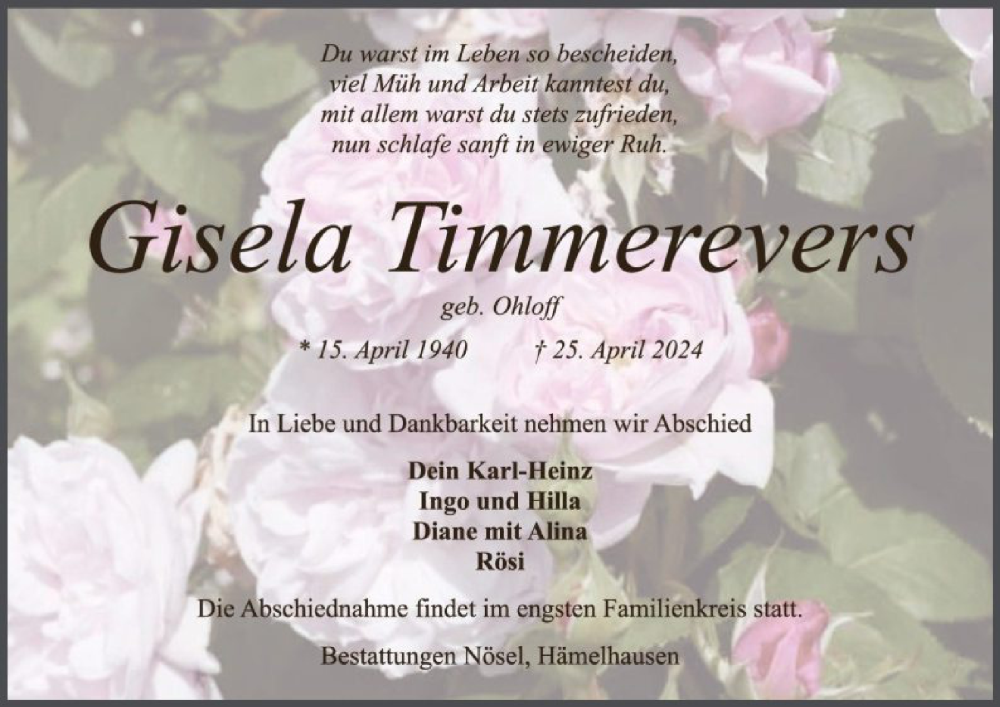  Traueranzeige für Gisela Timmerevers vom 04.05.2024 aus SYK