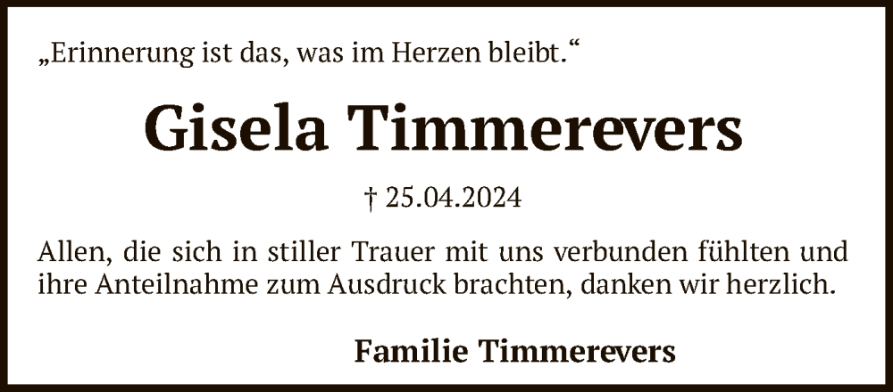  Traueranzeige für Gisela Timmerevers vom 18.05.2024 aus SYK