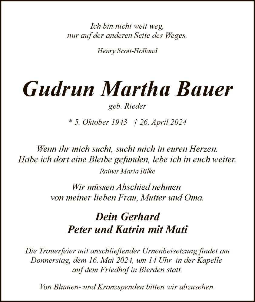  Traueranzeige für Gudrun Martha Bauer vom 11.05.2024 aus SYK