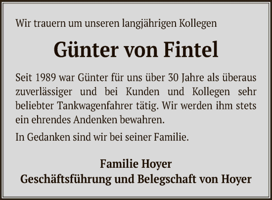 Traueranzeige von Günter von Fintel von SYK