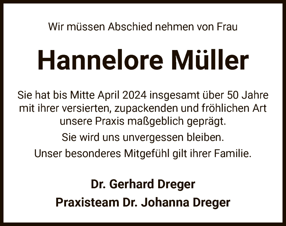  Traueranzeige für Hannelore Müller vom 04.05.2024 aus SYK