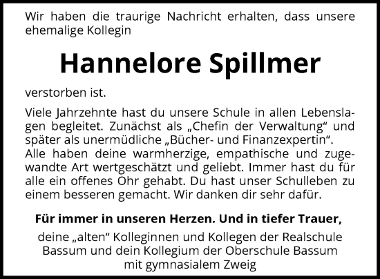 Traueranzeige von Hannelore Spillmer von SYK