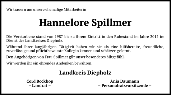 Traueranzeige von Hannelore Spillmer von SYK