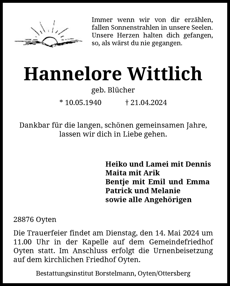  Traueranzeige für Hannelore Wittlich vom 04.05.2024 aus SYK
