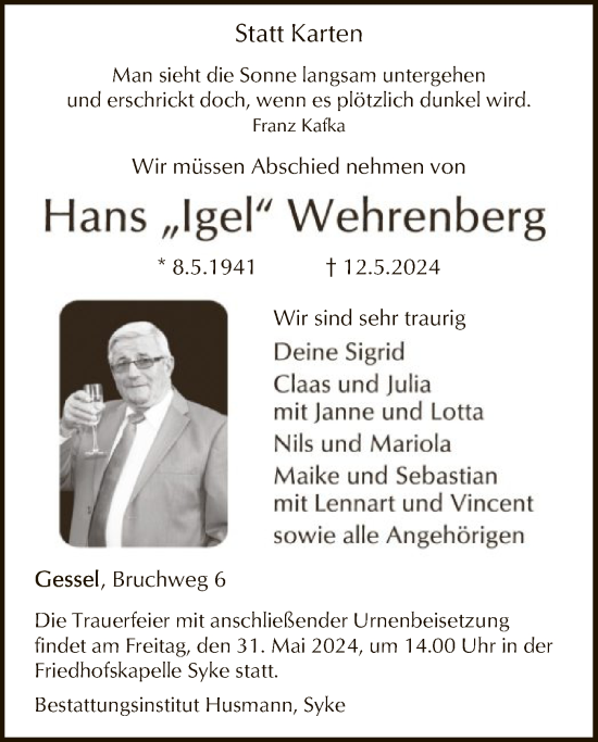 Traueranzeige von Hans Wehrenberg von SYK