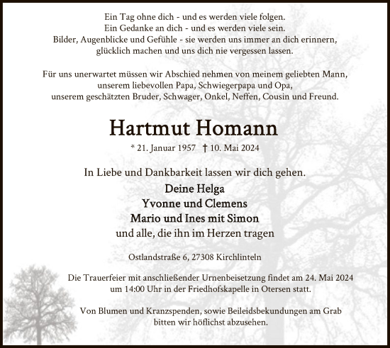 Traueranzeige von Hartmut Homann von SYK