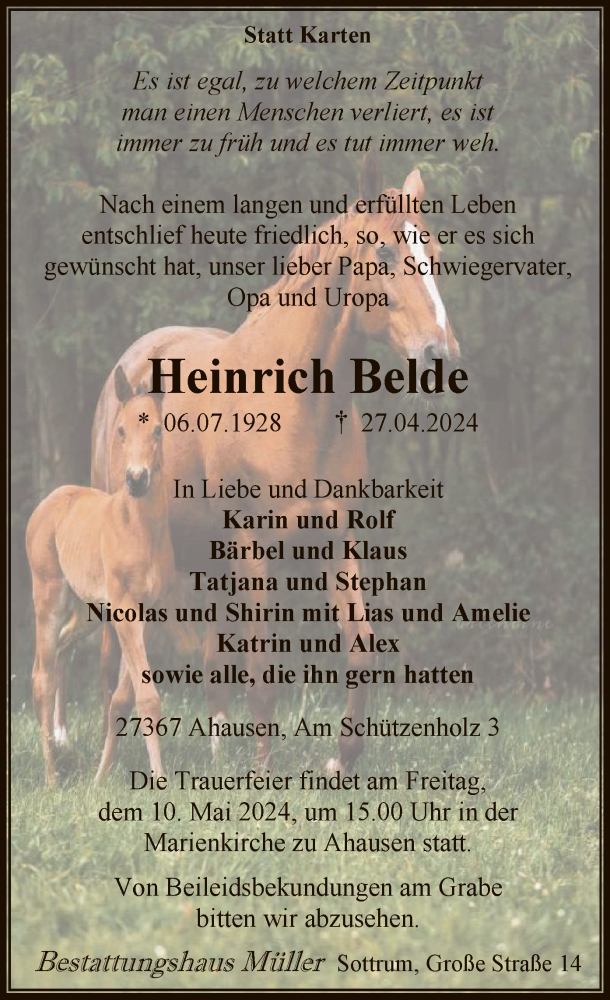  Traueranzeige für Heinrich Belde vom 04.05.2024 aus SYK