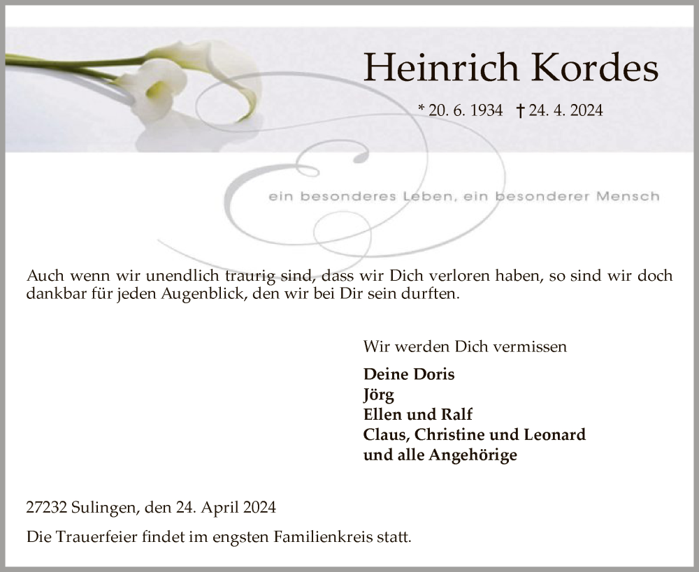  Traueranzeige für Heinrich Kordes vom 04.05.2024 aus SYK