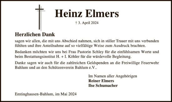 Traueranzeige von Heinz Elmers von SYKSYK