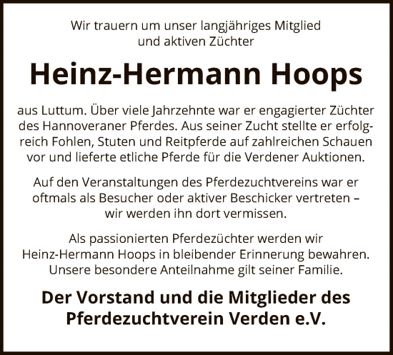 Traueranzeige von Heinz-Hermann Hoops von SYK