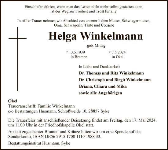 Traueranzeige von Helga Winkelmann