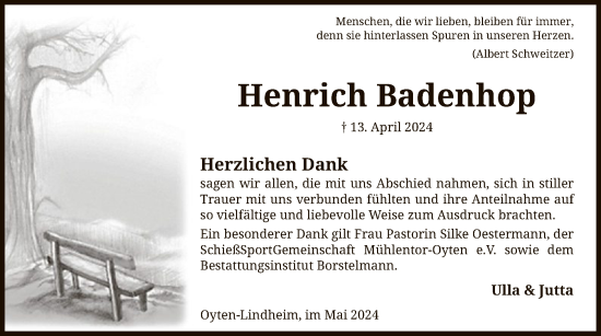 Traueranzeige von Henrich Badenhop von SYK