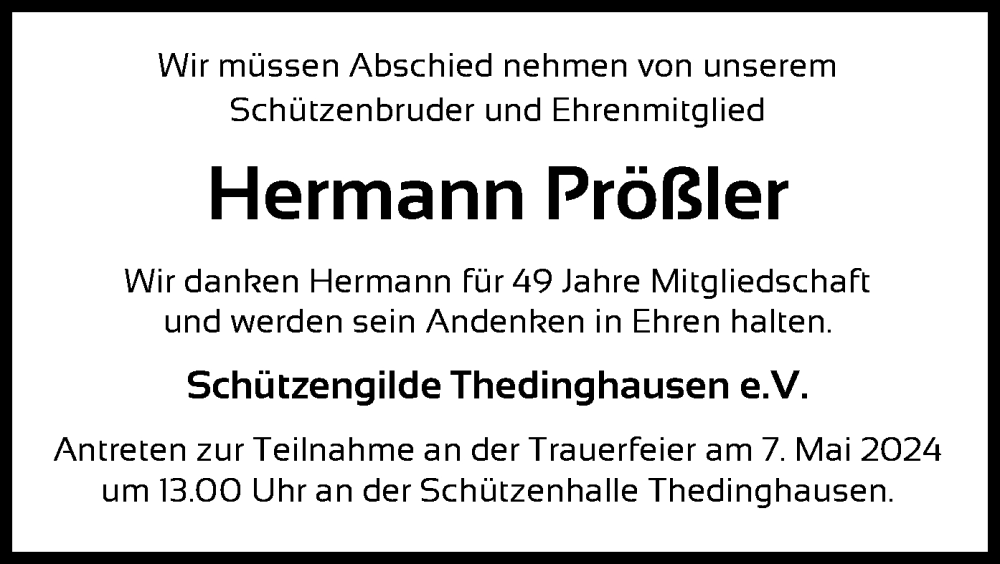  Traueranzeige für Hermann Prößler vom 04.05.2024 aus SYK