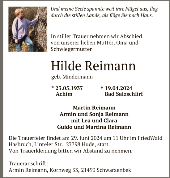 Traueranzeige von Hilde Reimann von SYK