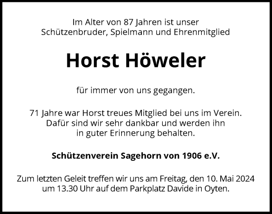 Traueranzeige von Horst Höweler von SYK