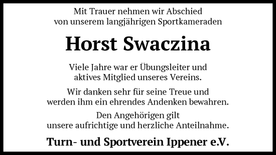 Traueranzeige von Horst Swaczina von SYK