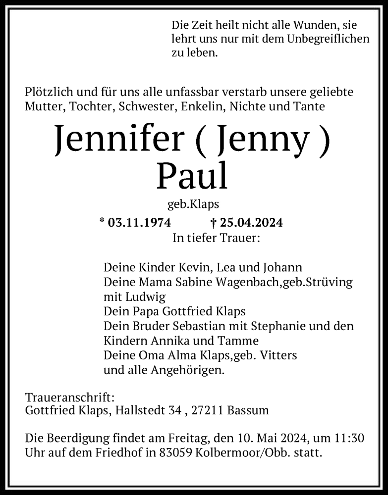  Traueranzeige für Jennifer Paul vom 04.05.2024 aus SYK