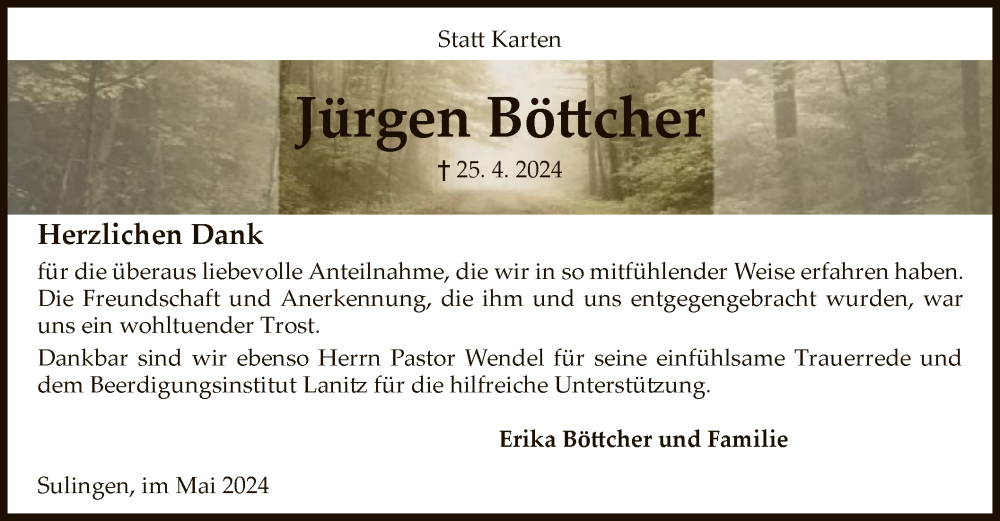  Traueranzeige für Jürgen Böttcher vom 18.05.2024 aus SYK