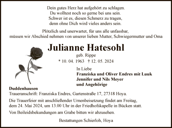 Traueranzeige von Julianne Hatesohl von SYK