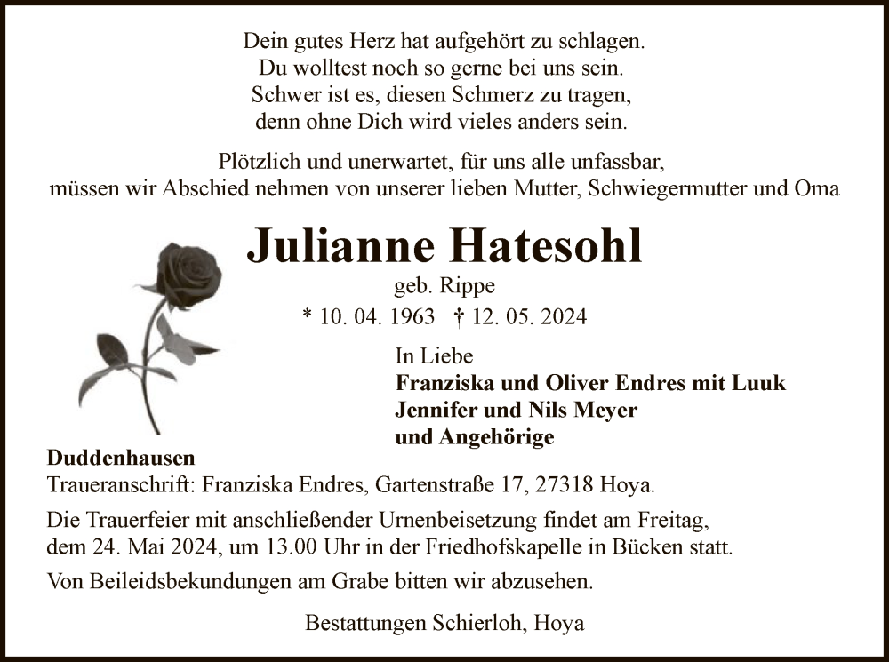  Traueranzeige für Julianne Hatesohl vom 18.05.2024 aus SYK