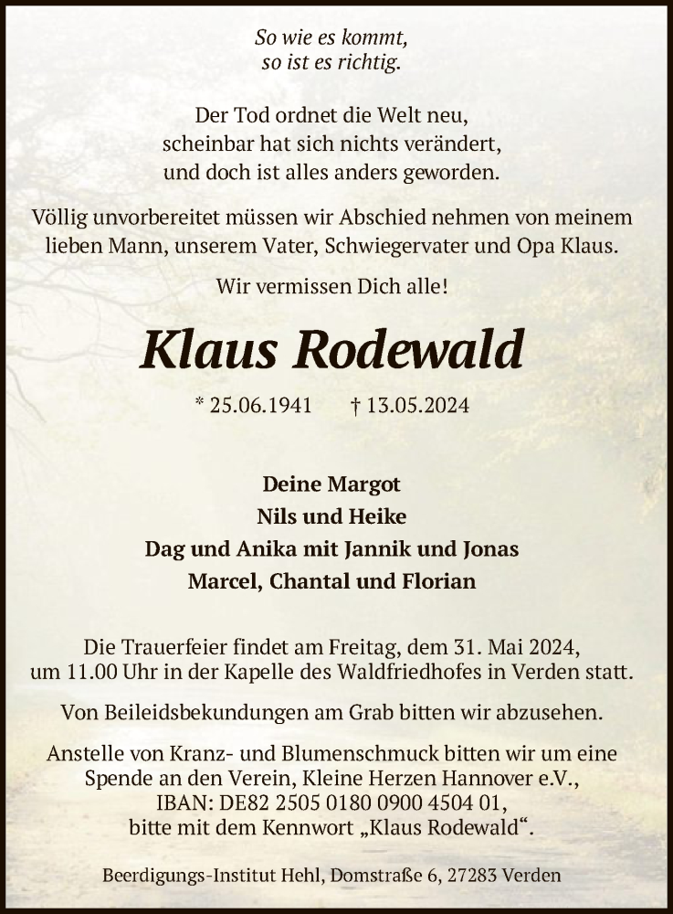  Traueranzeige für Klaus Rodewald vom 25.05.2024 aus SYK