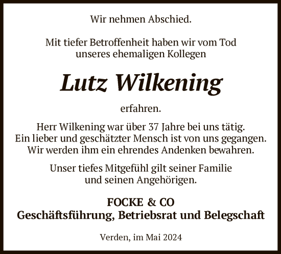 Traueranzeige von Lutz Wilkening von SYK