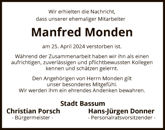 Traueranzeige von Manfred Monden von SYK