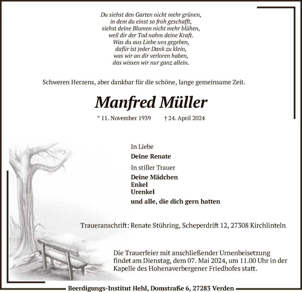  Traueranzeige für Manfred Müller vom 04.05.2024 aus SYK