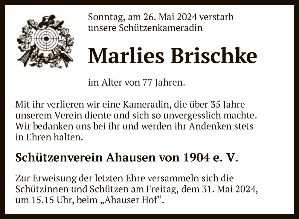  Traueranzeige für Marlies Brischke vom 29.05.2024 aus SYK